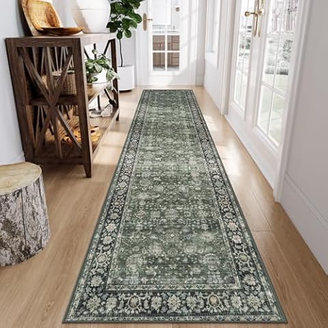 Sungea Vintage Hallway Runner Rug 12 ft,Soft Washable Runner Rug Non Slip Retro Carpet Runners,Low Pile Stain Resistant Distressed Kitchen Floor Runner for Entryway(Dark Green,2.5'x12') Cover