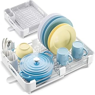 KINGRACK Expandable Dish Drainers Rack, Stainless Steel Dish Drying Rack with Swivel Drainage Spout, Cutlery Holder & Non-Scratch Plate Rack,White
