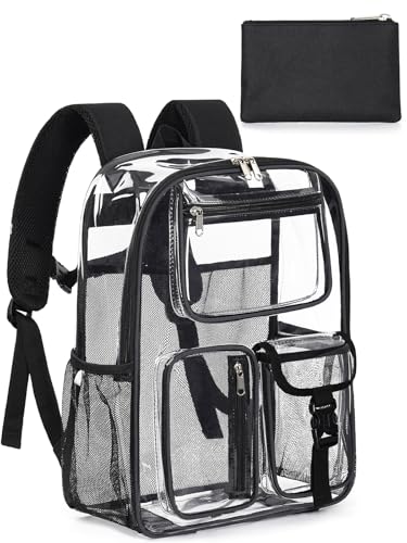 Image of Heavy Duty Clear Backpack For School, 17 Inch Clear Bookbag For Kids Boys Girls Women Men, Large See Through Backpack With An Extra Pouch Accessories, Tranparent Bag, College Sport Work, Black