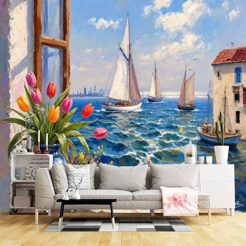 Murali da parete di dimensioni personalizzate, barca a vela nel mare tulipani in un vaso dipinto villaggio sul mare, tessuto autoadesivo da parete (senza PVC) grande carta da parati rimovibile per