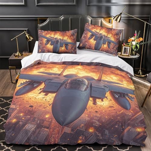 Housse de couette avion combat 140x200cm avec 2 taies d'oreiller lit simple