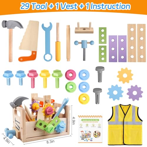 Aliex Wooden Kids Tool Set, 30pcs Toy Tools for Toddlers with Vest, Tool Kit Toddler Montessori Stem Learning Educational Toys for 3 4 5 Years Old Boys Girls, Birthday Gift for Kids - Thumbnail 6
