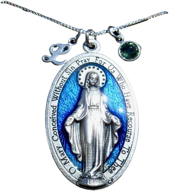 Medalla milagrosa Virgen María, extra grande de 1.75 pulgadas, Medallón de la Virgen María, Confirmación, Cruz, Medalla Milagrosa Azul XL, Cadena de