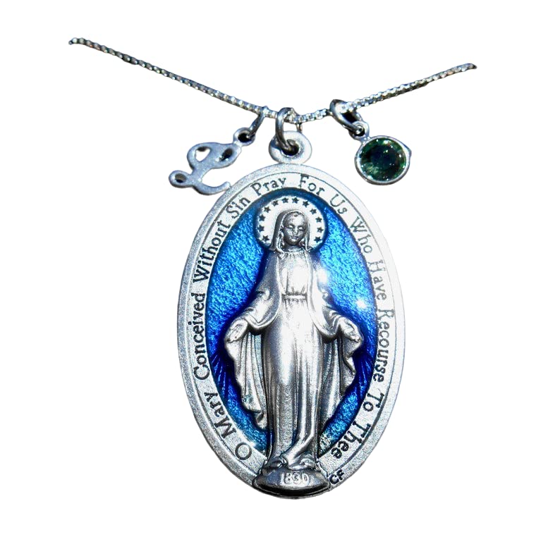 Virgin Mary Miraculous Medal, EXTRA Large 1.75 INCH, Virgin Mary Medallion, Confirmation, Cross, XL Blue Miraculous Medal, Sterling Silver Chain