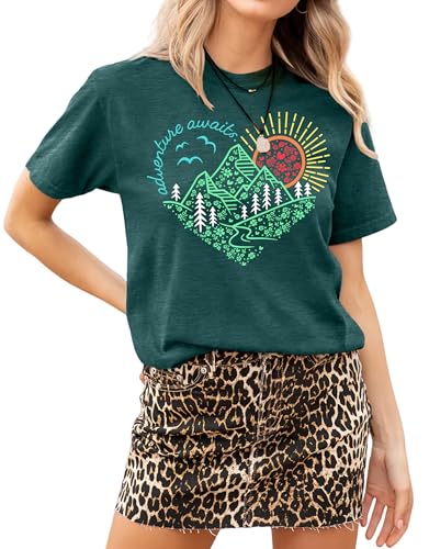 MAPICK Women's Adventure Awaits Graphic T-Shirts Kindness Heart Printed Hike Mountain Nature Travel Casual Tee Tops