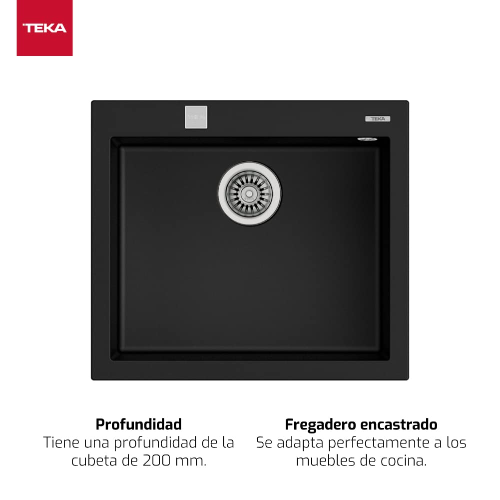 TEKA Fregadero Encastrado 1 Cubeta Granito, Profundidad 20 cm, Desagüe Automático con Válvula Canasta y Sifón, ForSquare 50.40 TG