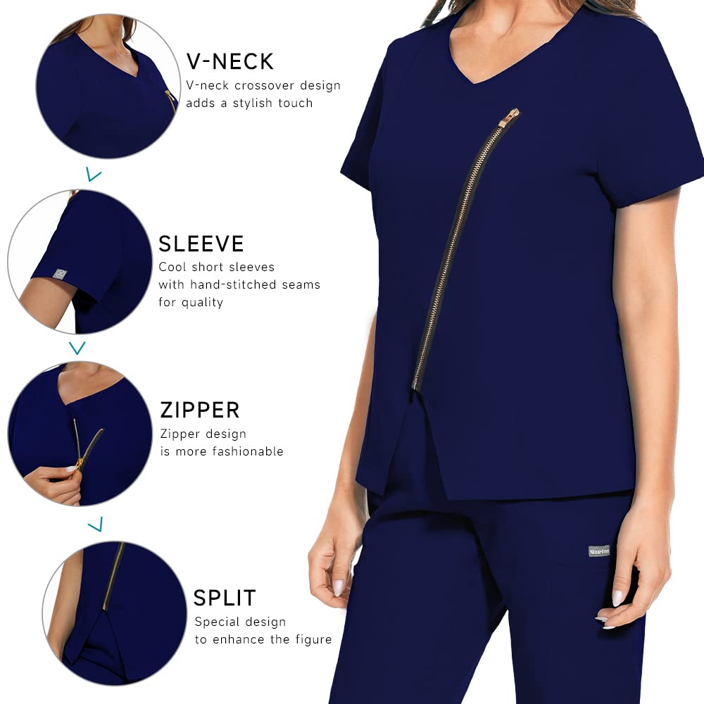 niaahinn Scrub for Women Medical Scrub Sets Nursing Uniform Top & Jogger Pants Dental Scurb Suit (Navy Blue,L,Large)