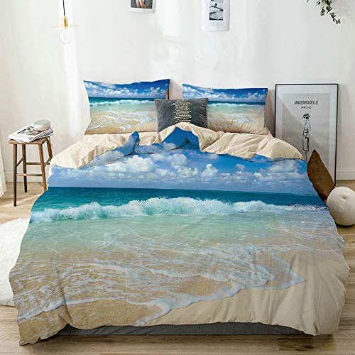 KASMILN Beige Parure de lit，Plage avec Vagues mousseuses sur Le thème des Vacances au Bord de mer Vide Côte sereine,1 Housse de Couette 240x260cm+2 Taies d'Oreillers 63x63CM