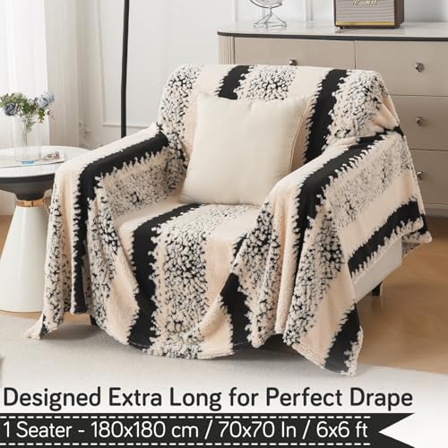 Image of HOKIPO Luxury Plush Sofa Cover Throw for 1 Seater Sofa | Soft Sofa Throw for Complete Sofa Protection, 'Noirea Series' Textured Stripe (180x180 cm) (AR-6651-D2)