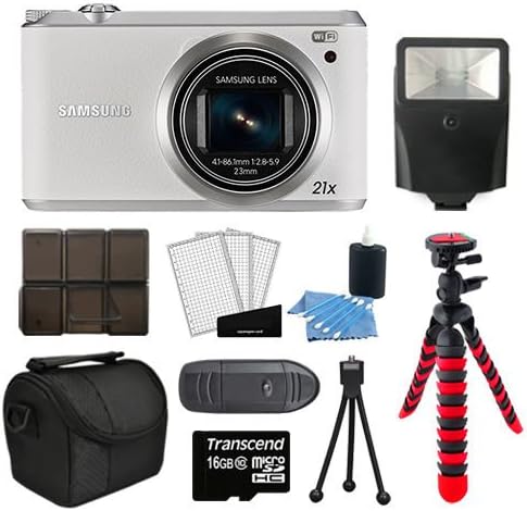 Samsung WB350F Smart WiFi Digital Camera White + Flexible Tripod + Transcend 16 GB Memory Card + Digital Slave Flash with bracket + Small Digital Camera/Video Case + Ultra Clear screen protectors + 3 Piece Deluxe Cleaning kit