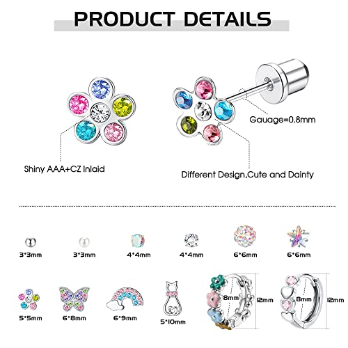 Subiceto 12 Pairs Hypoallergenic Screwback Earrings Studs For Women 316L Stainless Steel Cz Heart Hoop Earrings Cute Flower Butterfly Pearl Ball Screw Back Stud Earrings Set 20G Multicolored Blue #TOP1