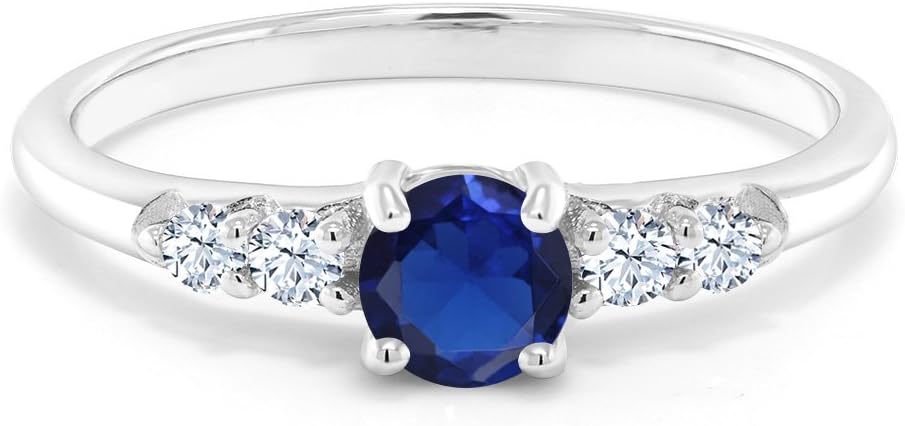 Gem Stone King 925 Sterling Silver Blue Created Sapphire and White Created Sapphire Engagement Ring For Women (0.77 Cttw)