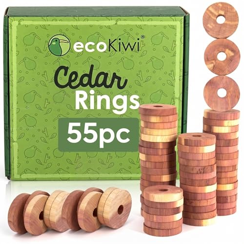 ecoKiwi Cedar Blocks for Clothes Storage - 55 Pack Cedar Rings - 100% Natural Aromatic Cedar for Closets & Drawers - Red Cedarwood Oil Scented Chips with Sandpaper - Cedar Planks Freshener Deodorizer