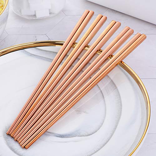 Buyer Star 5-pair Stainless Steel Chopsticks Metal Reusable Rose Gold Chopsticks Chinese Square Chopsticks