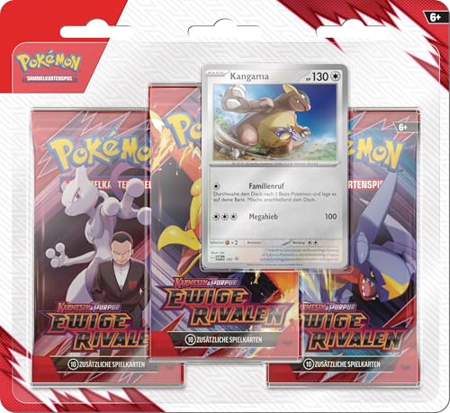 Pokémon-Sammelkartenspiel: 3er-Pack-Blister Karmesin & Purpur – Ewige Rivalen: Kangama (3 Boosterpacks & 1 holografische Promokarte)