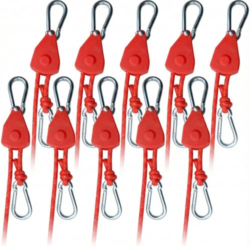 Image of 10Pack Retractable Ratchet Tie Down Straps, 13 Ft 1 /8 inch Adjustable Rope Hanger, Heavy Duty Ratcheting Pulley System with 2 Carabiner Hook, for Tent, Hanging Plants, Grow Lights, Vivid Red