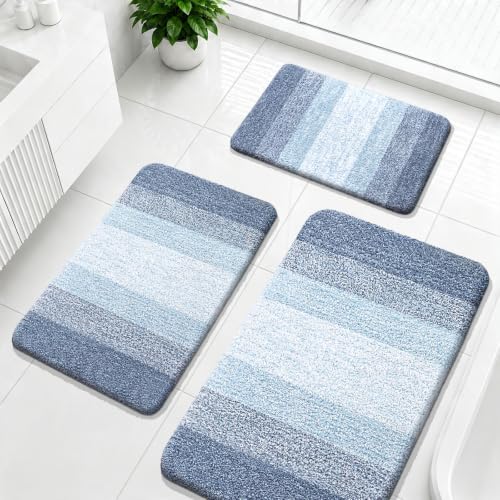 OLANLY Microfiber Bathroom Rugs Sets 3 Piece, Absorbent Bath Mats, Blue