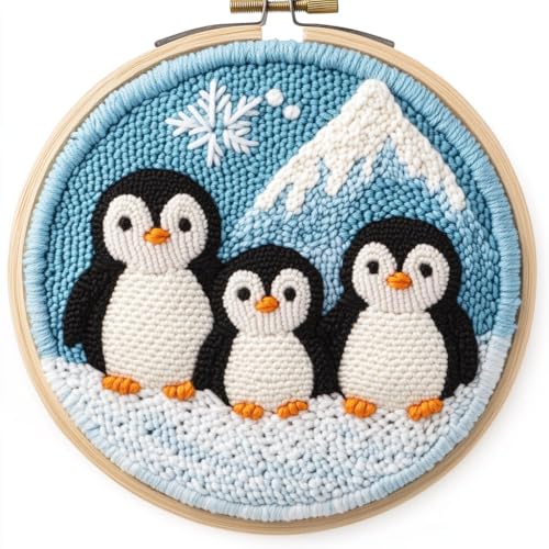 Image of DIY Punch Needle Kits Penguins Family Snow Mountain with Hoop 20x20cm-3 | with Pattern Stamped Easy for Beginners Embroidery Punch Needle Starter Craft Set for Adults Festival Gift and Decoration