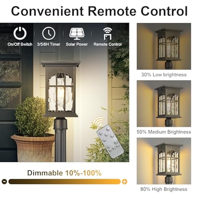 Outdoor Solar Post Lights with Pier Mount Base, Dusk to Dawn Aluminum Solar Pole Light with Remote Waterproof, Auto On/Off Fence Deck Post Lighting for Pathway Garden Walkway Street