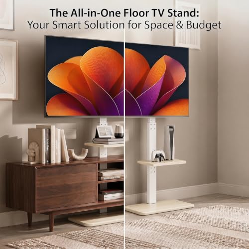 Image of Perlegear Floor TV Stand with Power Outlet, Universal TV Stand for 32-75 inch TVs up to 110 lbs, Tall TV Mount for Bedroom with Shelf, Wood Base, Height Adjustable, Max VESA 600x400mm, White, PGFS06W