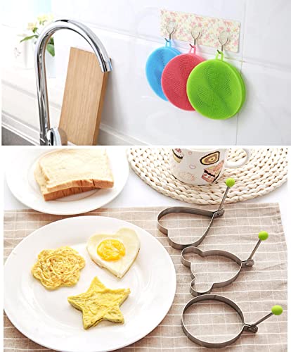 Foto von 5 Formen für Spiegeleier + 2 Stück Spülbürste aus Silikon, antihaftbeschichtet, Eierringe mit Griff, Pfannkuchenform aus Edelstahl, Spiegeleiform, für Muffins, Eier, Omeletts, Pancake