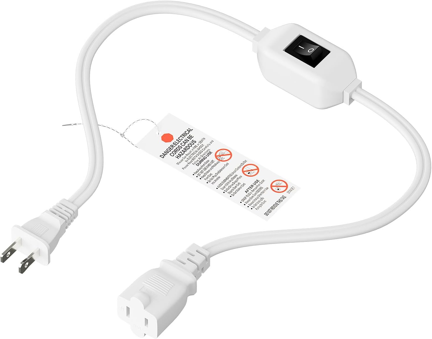 0.6Meter On Off Switch Extension Cord,2-Prong/2 Outlet Polarized Extension Cord with Switch 12A/125V for Your Chargers/Lamp/Power Adapters etc, 16AWG Cord,White,AC0033