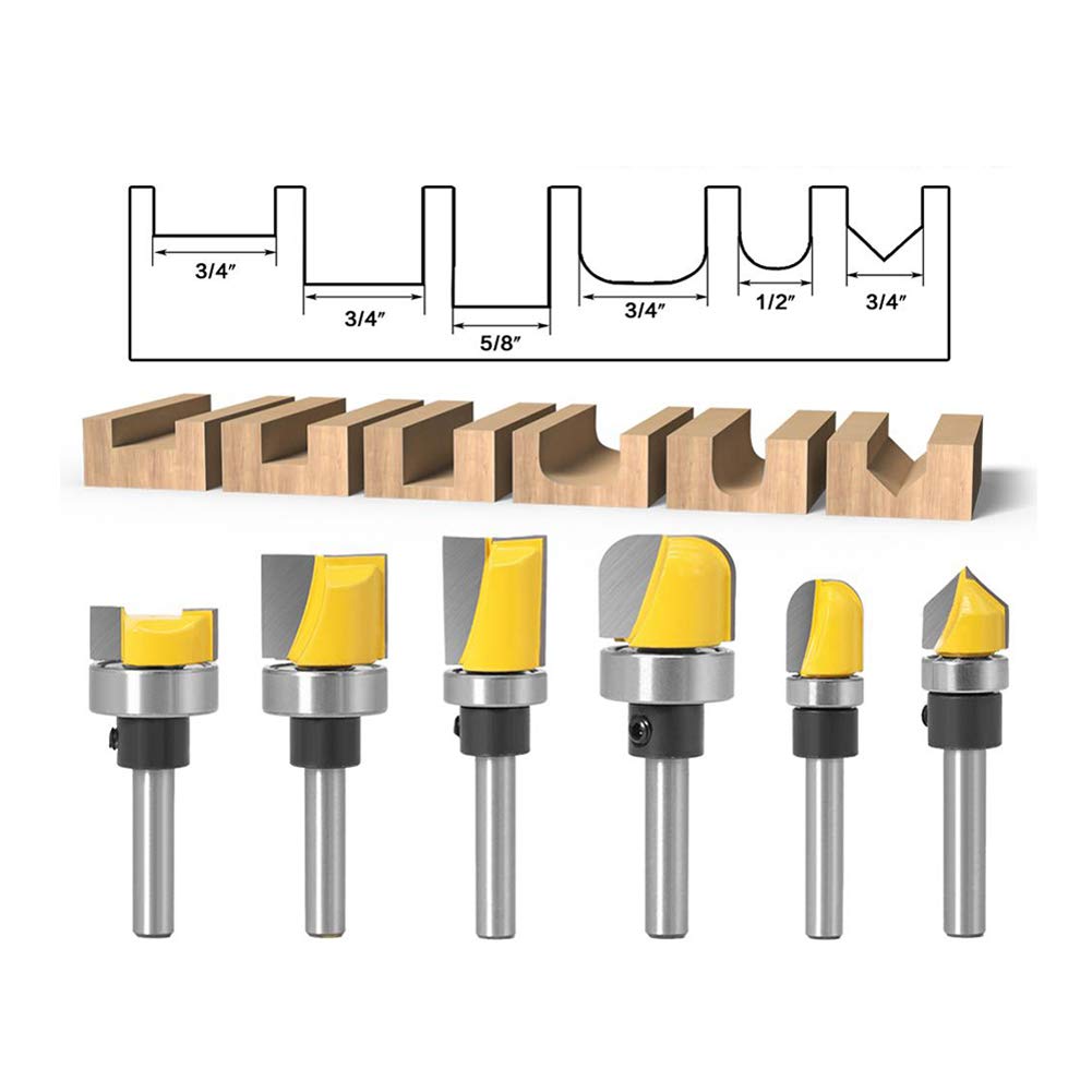 6PC 1/4" Shank Pattern Bit Flush Trim Bit Straight Bit with Bearing Hinge Mortising Router Bit Wood Trimmer Cutter