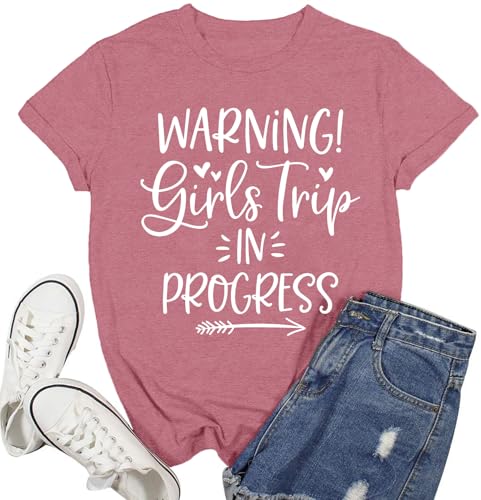 Ascrazy Girls Trip Shirts for Women Warning Girls Trip in Progress T-Shirt Weekend Traveler Lover Tee Tops Pink