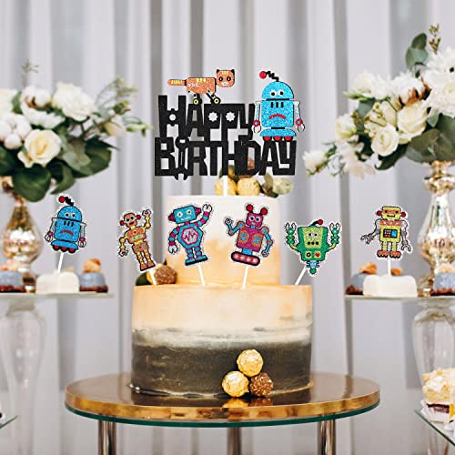 7 Pcs Robot Happy Birthday Cake Topper - Robot Birthday Glitter Gears Cake Topper - Robots Mechanic Party Cupcake Toppers -Kids Robot Birthday Decoration #TOP5