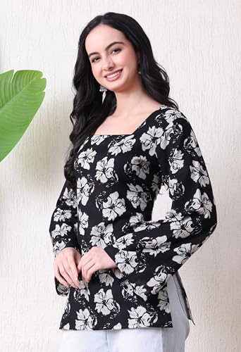 Image of MEERA FAB Women's Floral Printed Cotton Short Kurta | Floral Printed Kurta with Full Sleeves | Short Kurti for Women