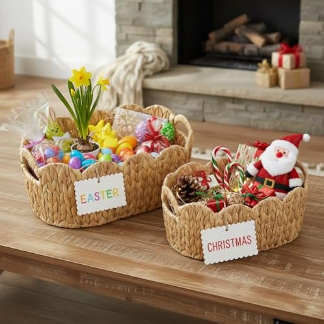 Scalloped Basket,Water Hyacinth Basket for Organizing and Decor,Hand-Woven Rattan Baskets with Built-In Handles for Living Room,Bedroom,Laundry,2 Pack