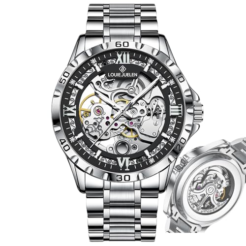 Image of Skeleton Automatic Mechanical Watch Mens Business Luxury Gift Steel Band | Stainless Steel Waterproof Male Golden Wristwatch Luminous Markers & Hands Hardlex Mirror Butterfly Double Button