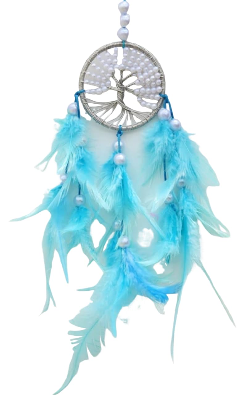 Handmade Dreamcatcher with Pearl Beads & Tree of Life Design | Boho Wall Hanging Decoration for Bedroom, Living Room, Home & Office | Spiritual Gift & Positive Energy Decor (White Sky)-image-46