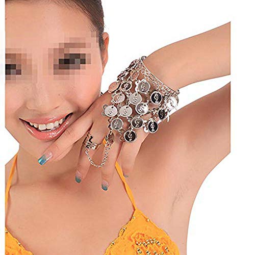 Yozone Belly Dance Silver Triangle Bracelet Hand Jewelry Ladies Silver Bracelet Ladies Belly Dance Jewelry Coin Bracelet Bracelet with Ring - 2 Pcs (Silver) - Image 4