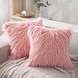PHANTOSCOPE Pack of 2 Faux Fur Throw Pillow Covers Cushion Covers Luxury Soft Decorative Pillowcase Fuzzy Pillow Covers for Bed/Couch, Pink 18 x 18 Inches