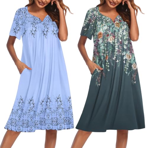 Image of Ekouaer 2 Pack House Dresses for Women with Pockets Short Sleeve Moo Moos | Floral Print Mumu Dresses, V-Neck Pleated Nightgown, Soft, No-Pilling, Wrinkle-Free Moomoo Dress for Home & Garden, S-4XL