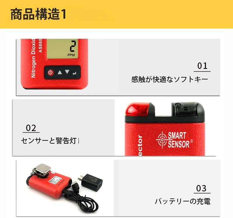 Diagram showing Product Structure 1 of the SMART SENSOR AS8806, highlighting soft keys (01), the sensor and warning light (02), and the battery charging port (03).