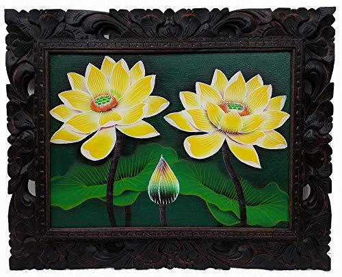 Amazon.co.jp: 絵画 ロータス 蓮の花 黄色 イエロー 53×43cm バリ絵画