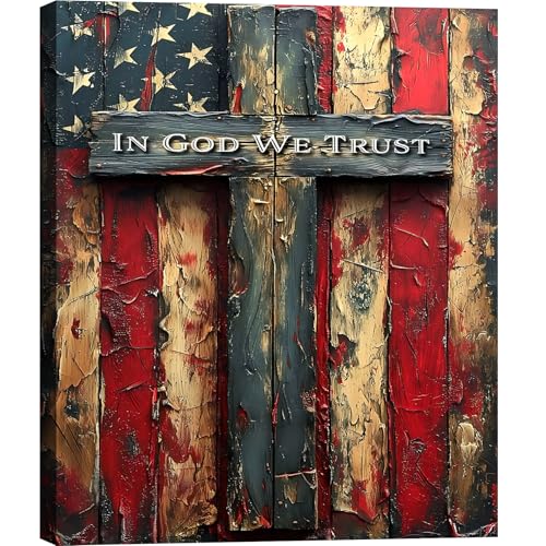 Image of Framed Vintage Cross American Flag Wall Art, Patriotic Rustic Canvas Art Pictures, USA Flag Wall Decor, Made in USA Ready to Hang for Living Room Garage