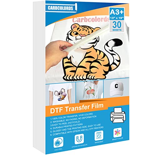 Carbcolords DTF Transfer Film Glossy Clear PreTreat - Premium PET Heat Transfer Paper for DYI Direct Print on T-Shirts All Fabric and Colors Textile-A3+(13