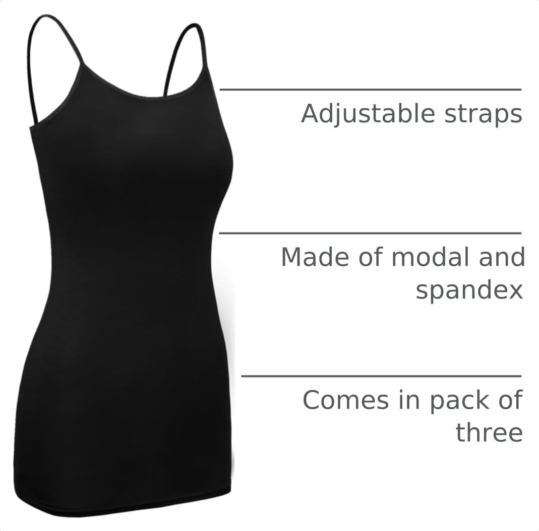 WILLBOND 3 Pieces Women Basic Long Tanks Adjustable Spaghetti Strap Camisole Top (,) Black image 4