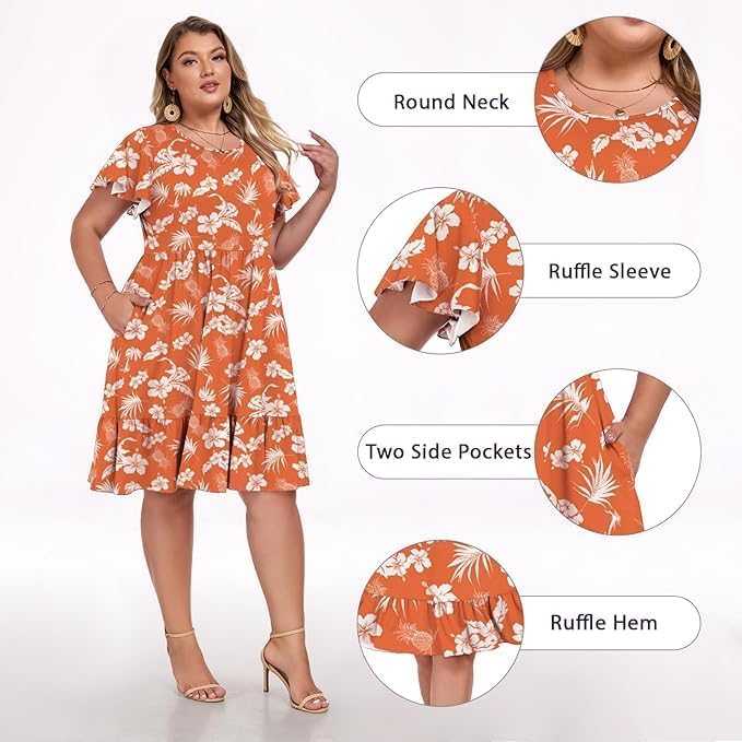 Image of Women's Plus Size Casual Dress Crew Neck Ruffle Floral Short Sleeve Summer Midi Dresses with Pockets