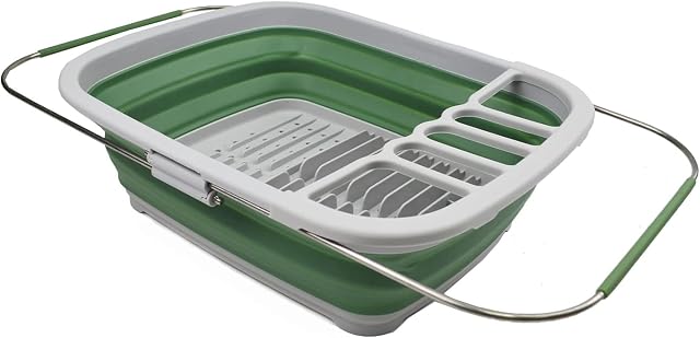 SAMMART 8L (2.11Gallons) Expandable Collapsible Dish Drainer - Foldable Drying Rack - Portable Dinnerware Organizer - Space Saving Kitchen Storage Tray (Grey/Dark Sea Green, 1)