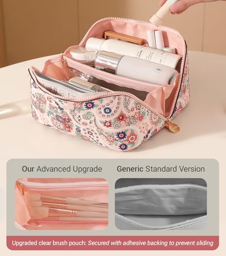 Aveniee Travel Makeup Bag for Women, Large Cosmetic Organizer with Open-Flat Design, Clear Divider & Handle - Waterproof PU Leather Toiletry Case (Floral Pattern)3