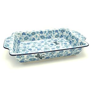 Polish Pottery Baker – Rectangular with Tab Handles – 7 cups – Misty Dragonfly