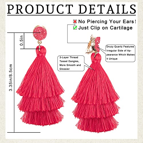 Cassieca Tassel Statement Earrings For Women Clip On Drop Earrings Colorful Bohemian Tiered Tassel Druzy Dangle Drop Earrings Non Piercing Jewelry Birthday Christmas Valentines Day Gift #TOP1