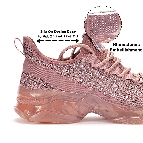 Image of BELOS Women's Rhinestone Mesh Slip On Walking Shoes Fashion Breathable Spakle Glitter Sneaker
