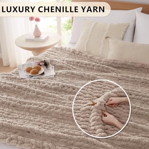 L'AGRATY Chunky Knit Blanket Throw: 72''x84'' Chenille Chunky Knitted Throw Blankets for Bed Couch - Handmade Thick Big Cable Knit Blanket - Large Crochet Rope Blankets for Home Decor(Light Taupe)
