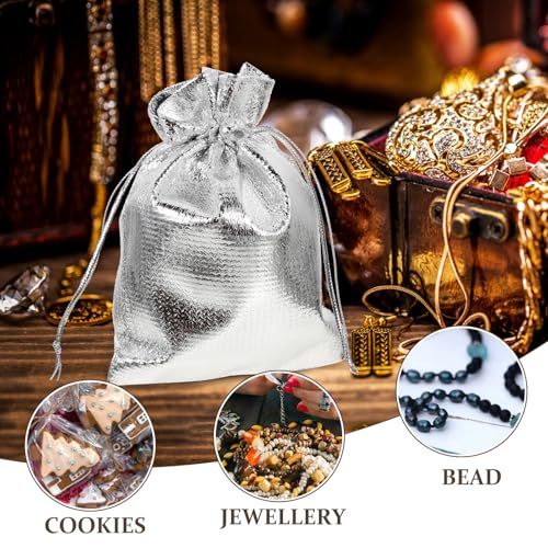30 Bolsas de obsequio pequeñas con cordón plata de tejido CRAFTHROU para galletas 3