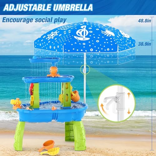HYES Water Table for Toddlers, 3-Tier Water Toys with Umbrella - 3